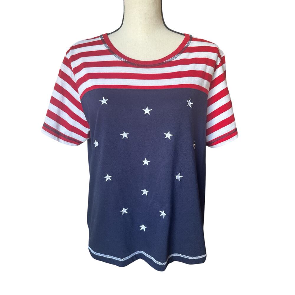 Jason‎ Maxwell Women's L American Short Sleeve T-Shirt Blue Red White Stripes